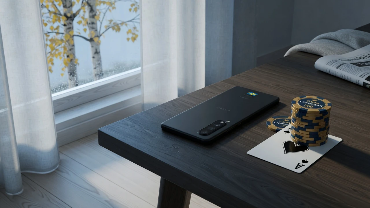 Svensk smartphone med casinomarker och ett kort på bordet