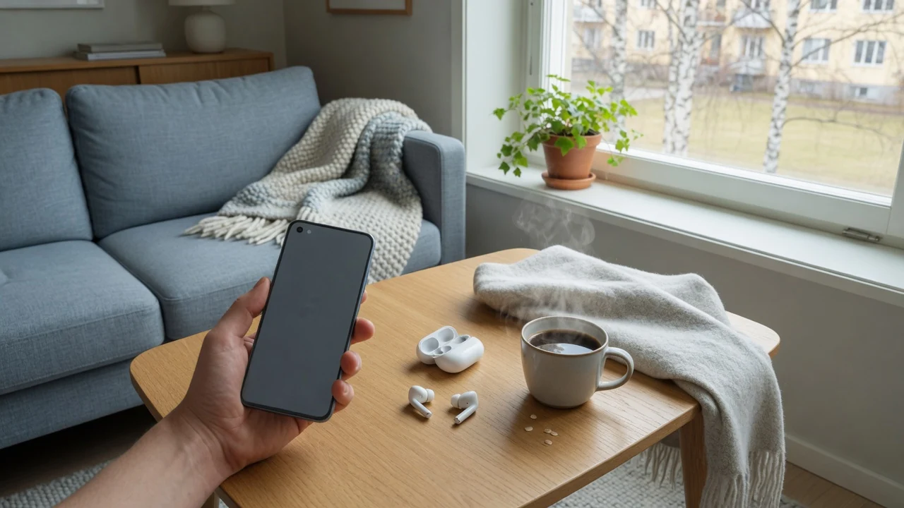 Hand som håller en Android-mobil i ett modernt svenskt vardagsrum med kaffe på bordet.