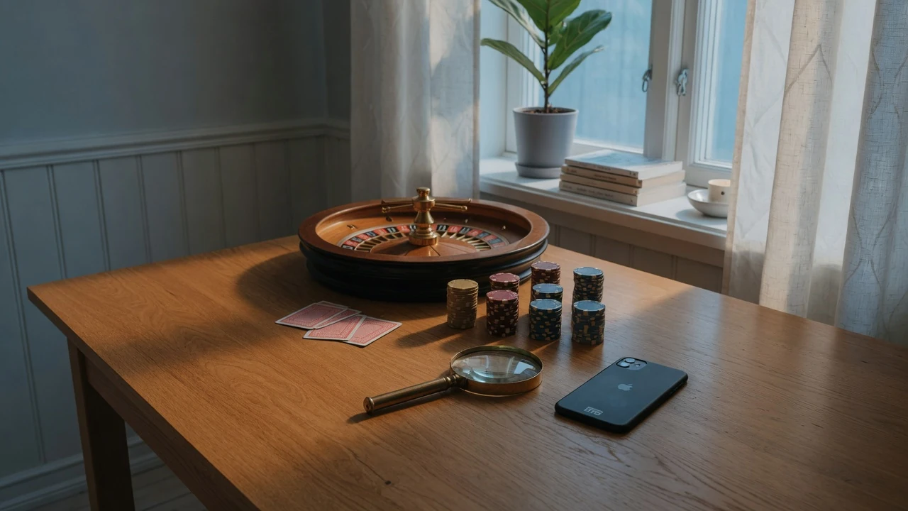 Elegant svensk interiör med roulettehjul, spelmarker, ansiktsnedåtkort och förstoringsglas på ett ekbord