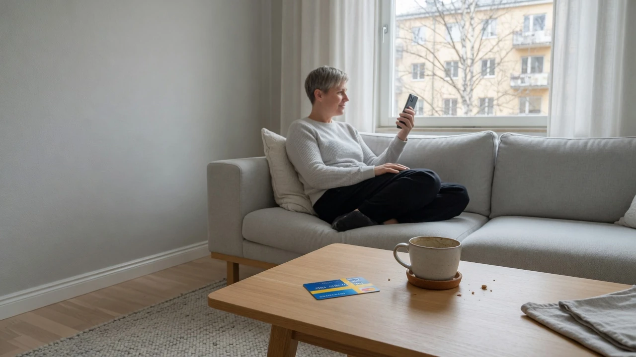 Avslappnad person i modernt skandinaviskt hem med mobiltelefon och betalkort på bordet