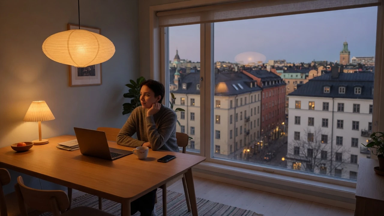 Person vid bord med stängd laptop, utsikt över Stockholm i skymning