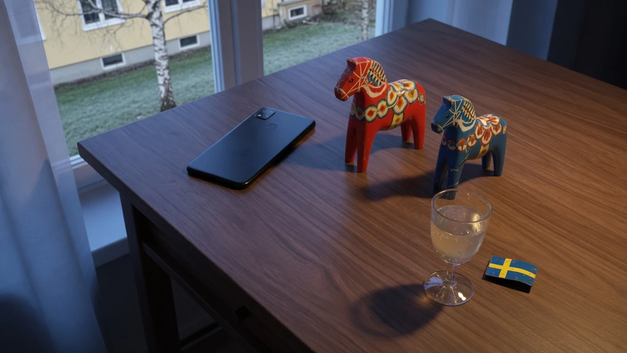 Skandinavisk stilleben med svenska detaljer och en vänd mobiltelefon