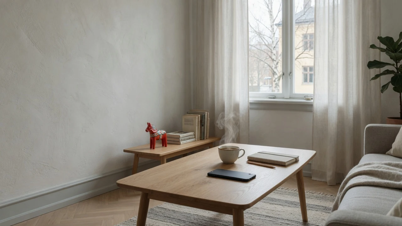 Mobiltelefon vänd nedåt på ett soffbord i ett lugnt skandinaviskt vardagsrum med Dala-häst.