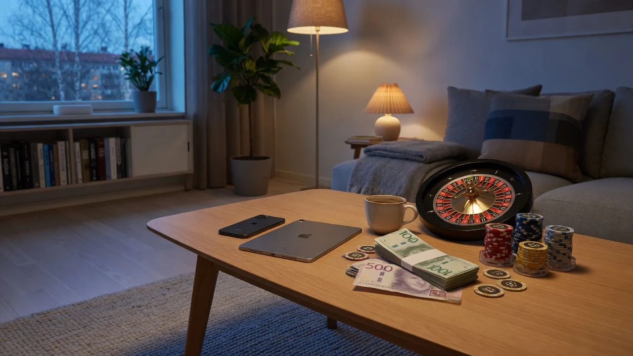 Modernt svenskt vardagsrum med telefon, surfplatta, kronor och roulettehjul