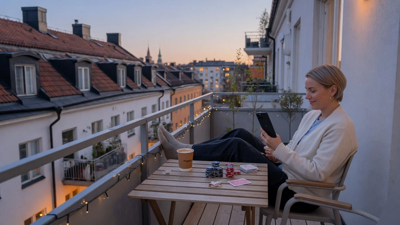 Person med smartphone på balkong, casinoklasser och kort på bordet