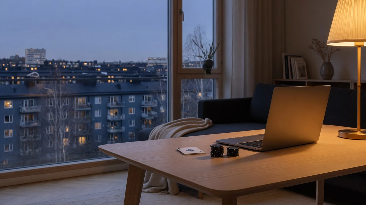 Minimalistiskt skandinaviskt vardagsrum med stängd laptop, spelkort och marker