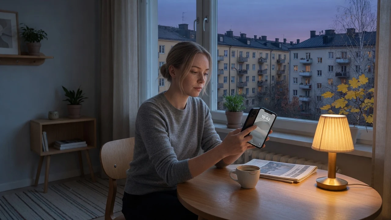 Svensk person med mobiltelefon i mysig lägenhet i skymningen