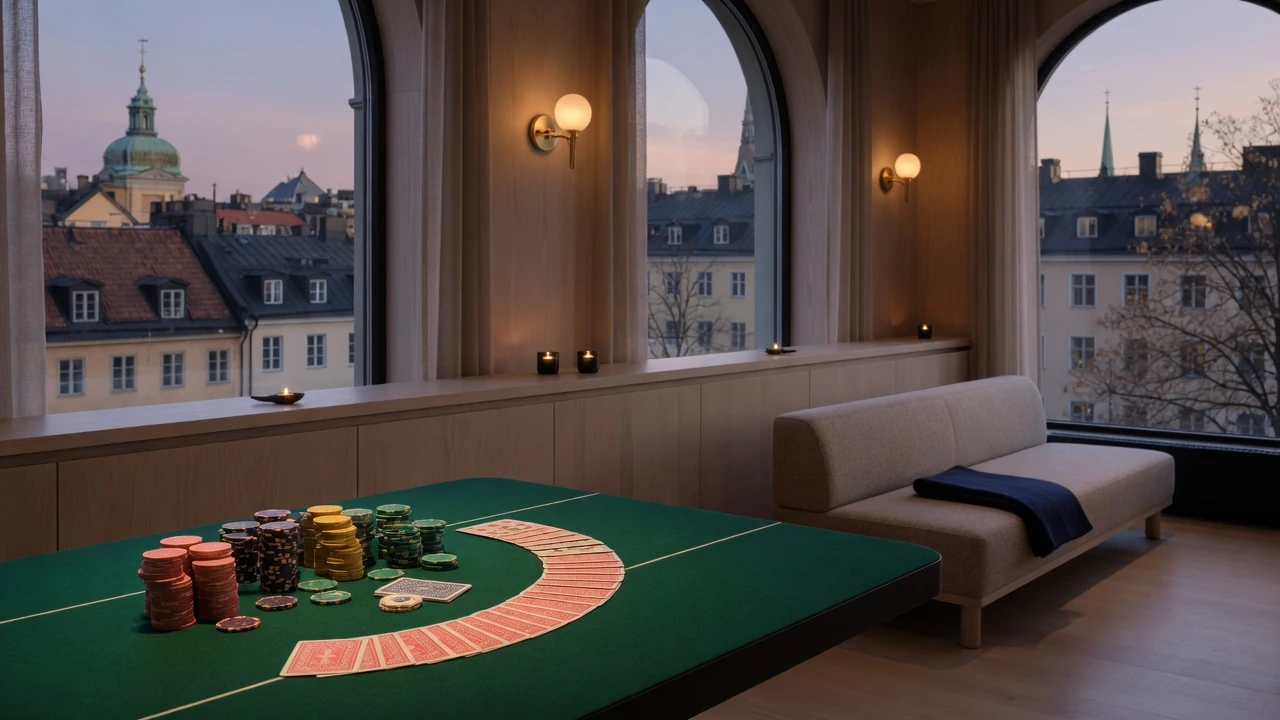 Elegant skandinavisk casinohall med grönt bord, marker och kort, Stockholms silhuett i bakgrunden.