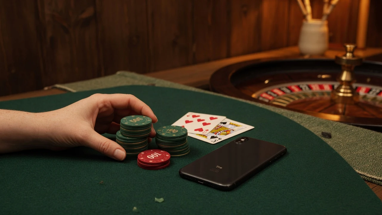 Närbild av casinospelaren med marker och kort på filtbord